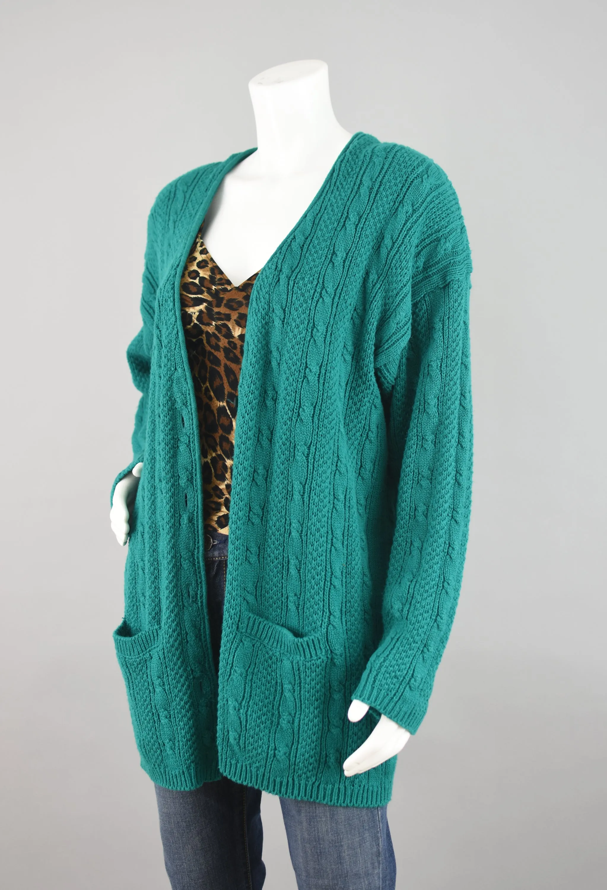 80s Green Chunky Cable Knit Cardigan Women's Large