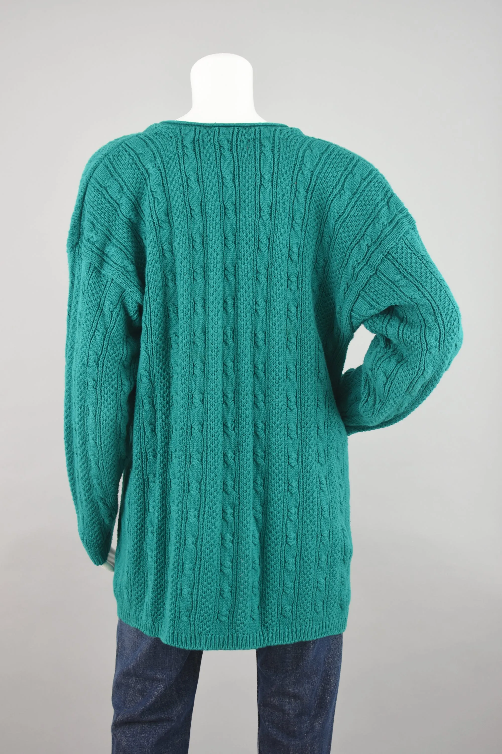 80s Green Chunky Cable Knit Cardigan Women's Large