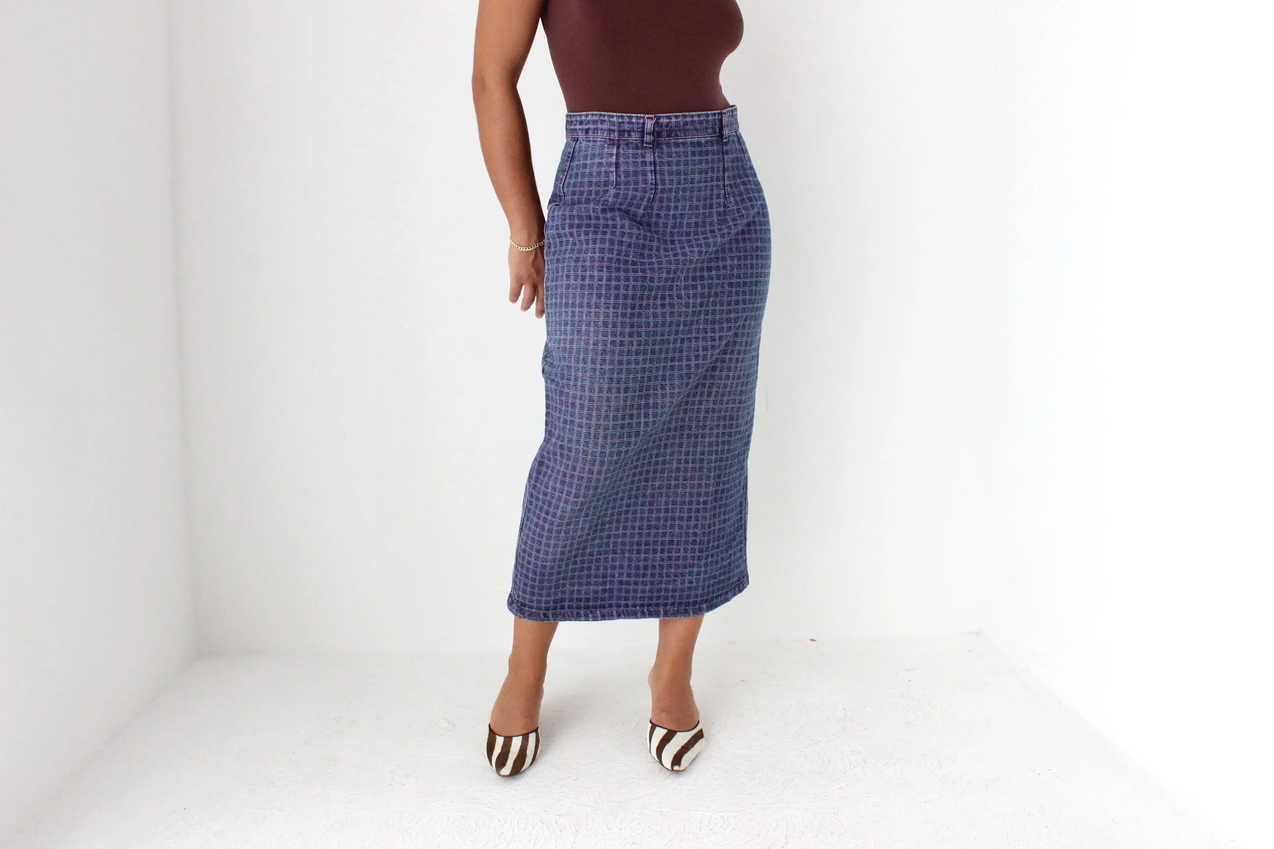 80s Minimal Denim High Waist Column Skirt