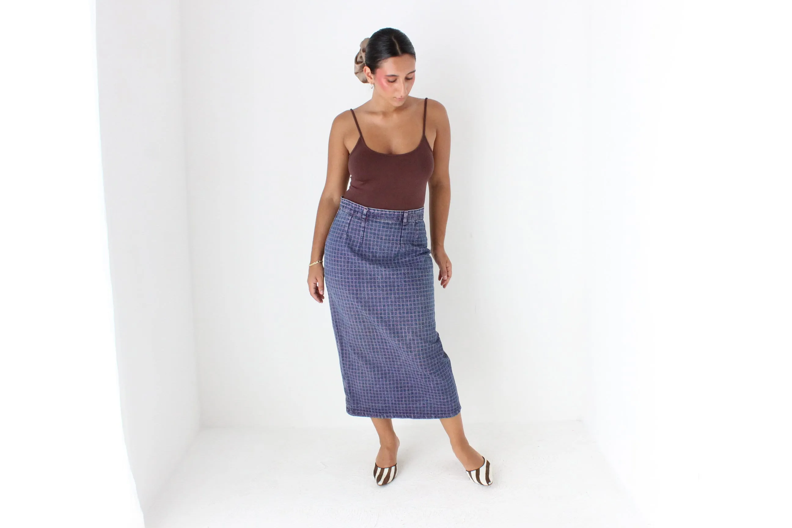 80s Minimal Denim High Waist Column Skirt