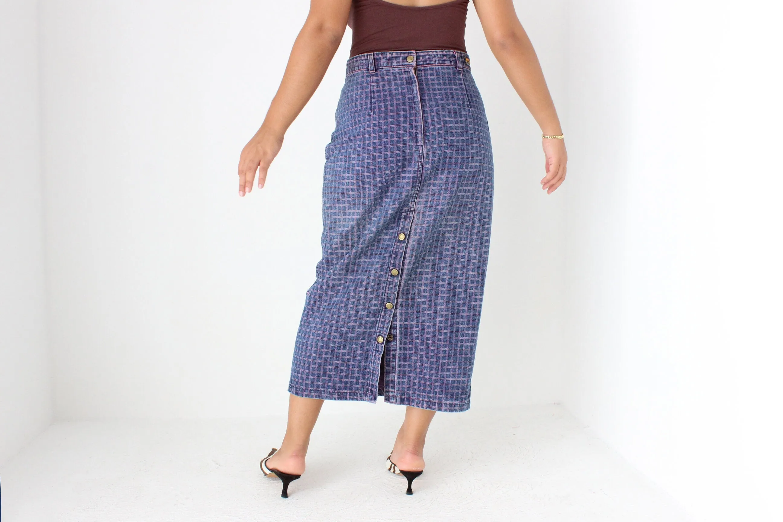 80s Minimal Denim High Waist Column Skirt