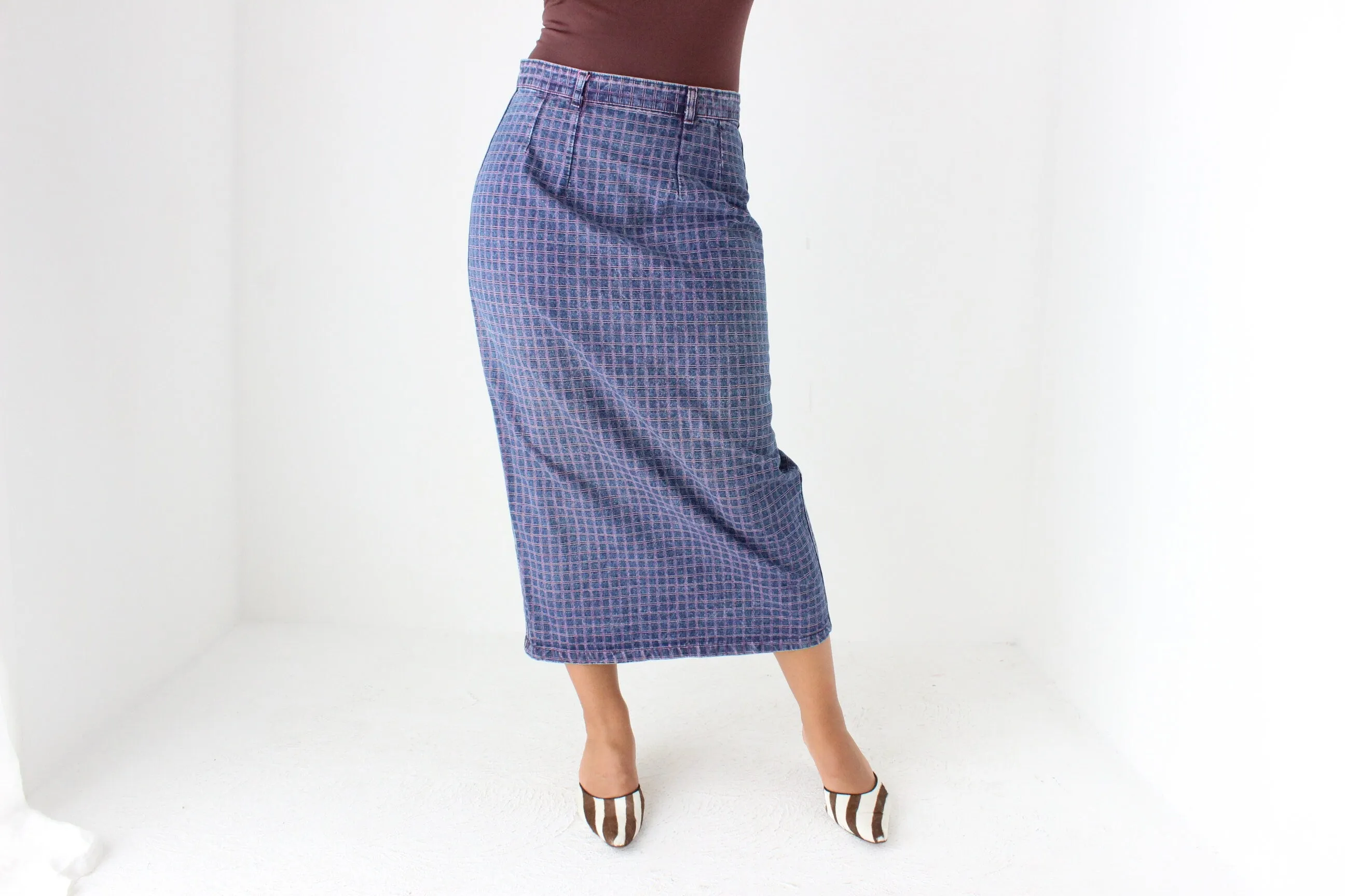 80s Minimal Denim High Waist Column Skirt