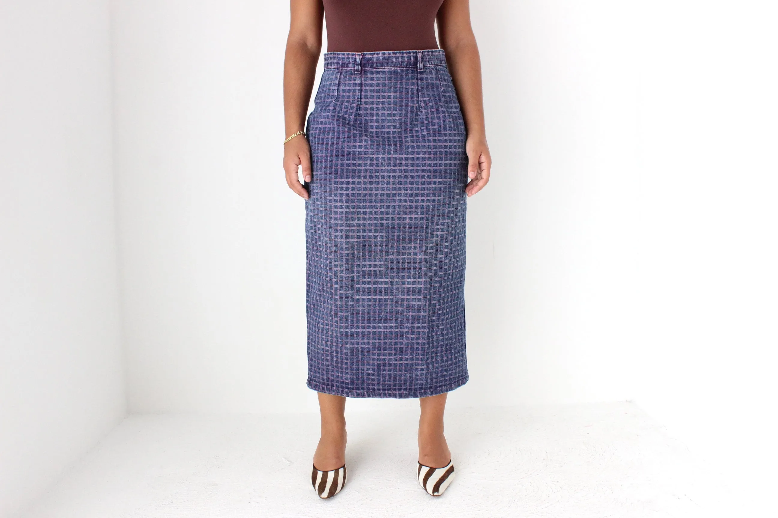 80s Minimal Denim High Waist Column Skirt