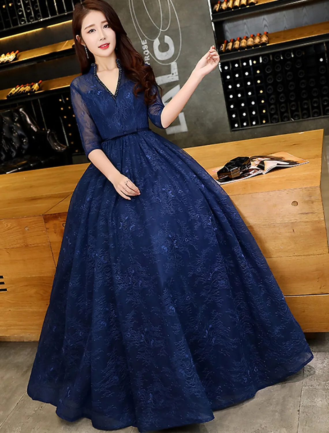 A-Line Evening Gown Beautiful Back Dress Wedding Guest Floor Length Half Sleeve V Neck Lace with Beading