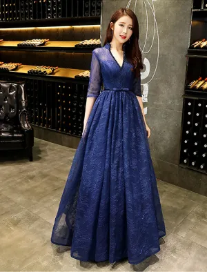 A-Line Evening Gown Beautiful Back Dress Wedding Guest Floor Length Half Sleeve V Neck Lace with Beading