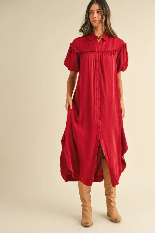 Annie Wear Mineral Washed Button Down Puff Sleeve Shirt Dress