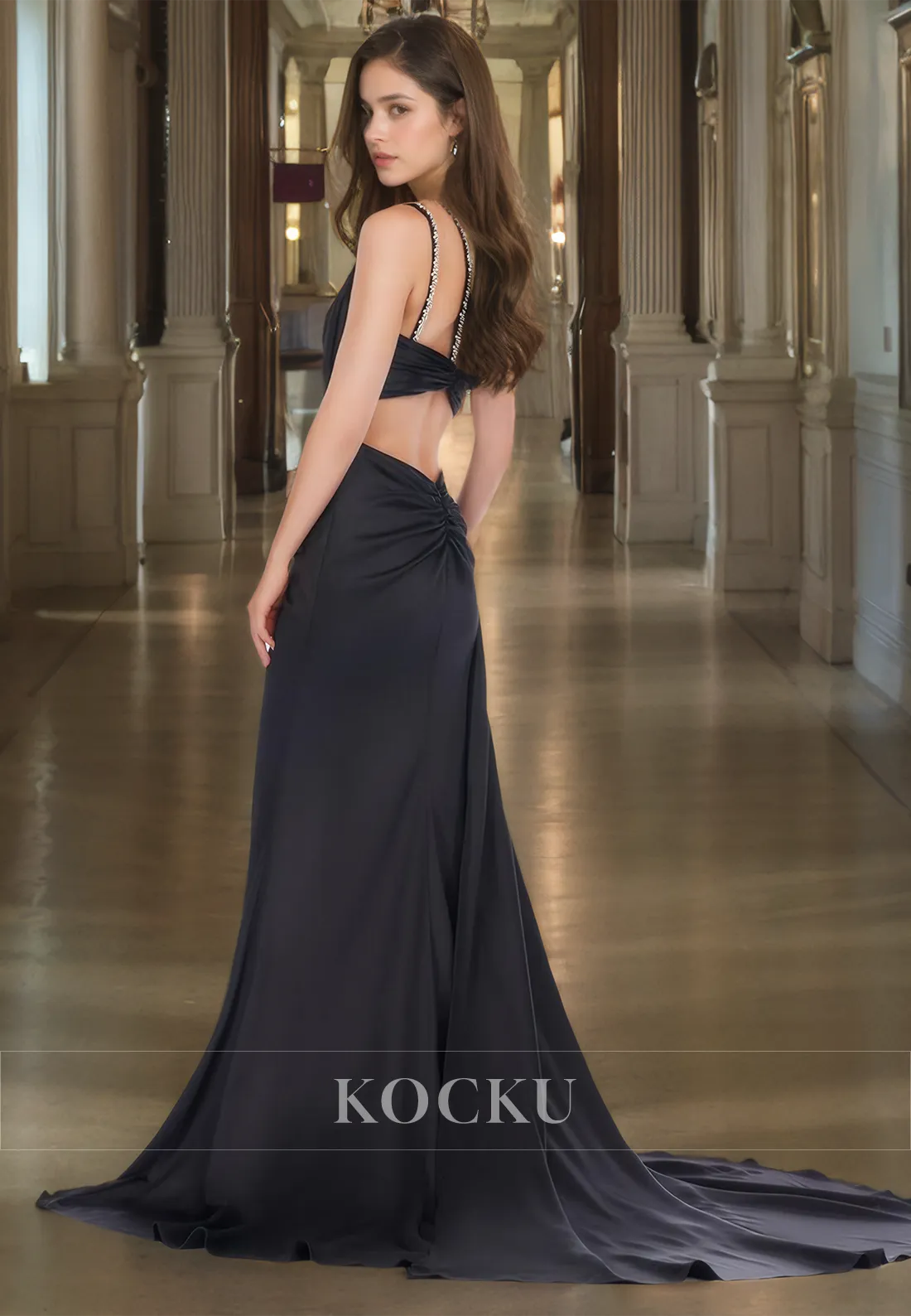 Asymmetrical Spaghetti Straps Sleeveless Sheath Formal Gowns Slit Train Satin Prom Dress with Beaded