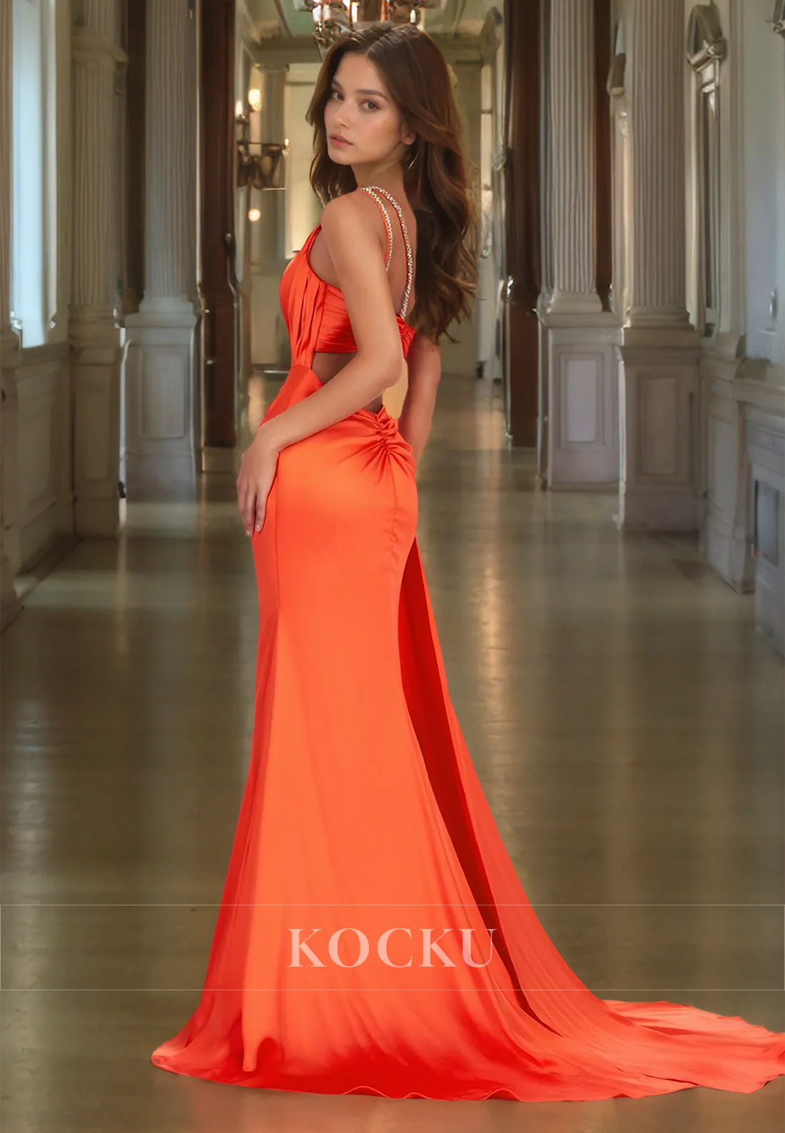 Asymmetrical Spaghetti Straps Sleeveless Sheath Formal Gowns Slit Train Satin Prom Dress with Beaded