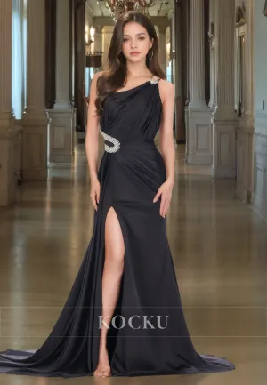 Asymmetrical Spaghetti Straps Sleeveless Sheath Formal Gowns Slit Train Satin Prom Dress with Beaded
