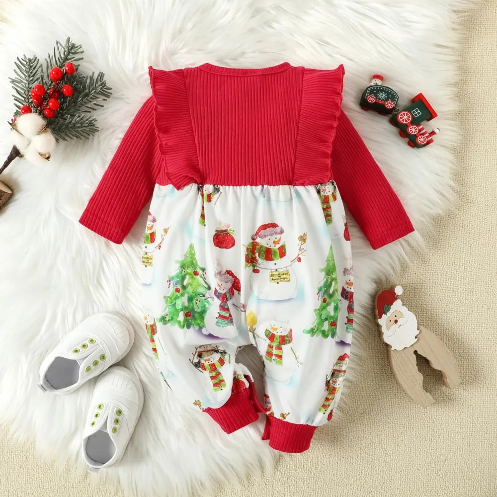 Baby Snowman Print Christmas Bow Jumpsuits Wholesale Baby Girls Clothes