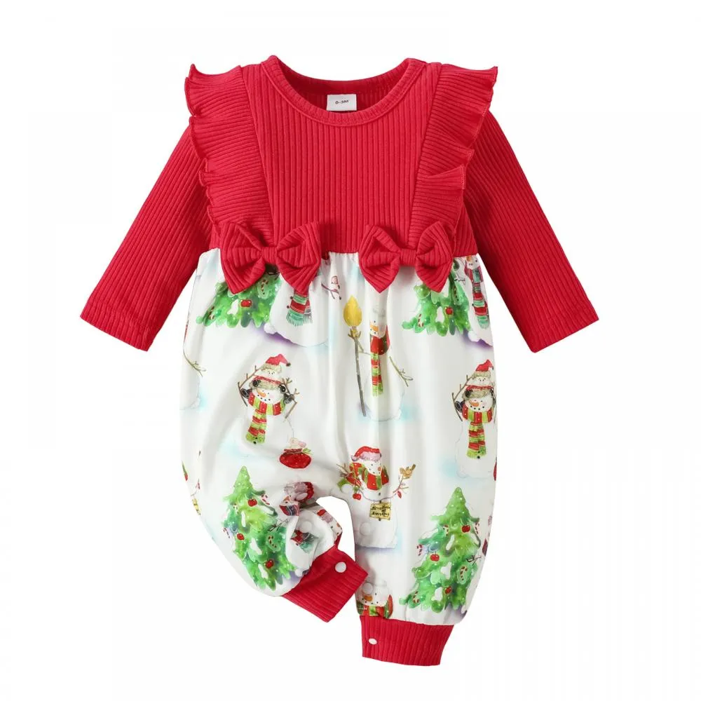 Baby Snowman Print Christmas Bow Jumpsuits Wholesale Baby Girls Clothes