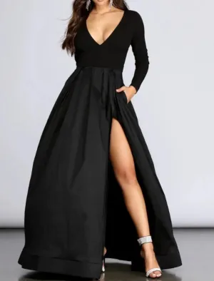 Ball Gown Elegant High Split Prom Formal Black Dress Plus Size Evening Dress V Neck Long Sleeve Floor Length Spandex with Pleats Slit