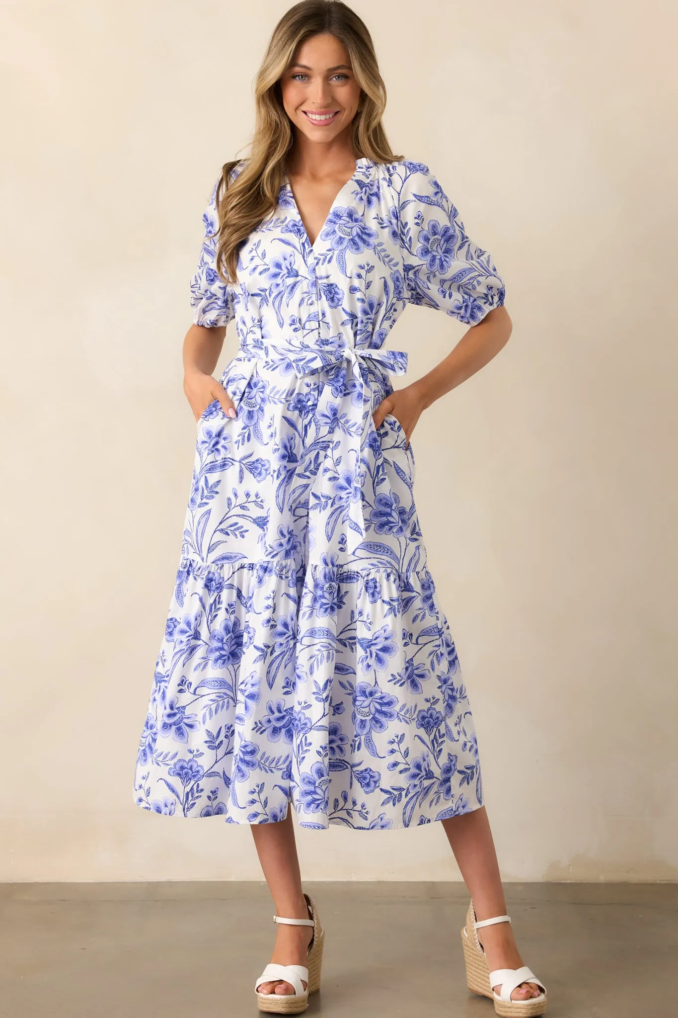 Bayside Breeze Cotton Blue Floral Midi Dress