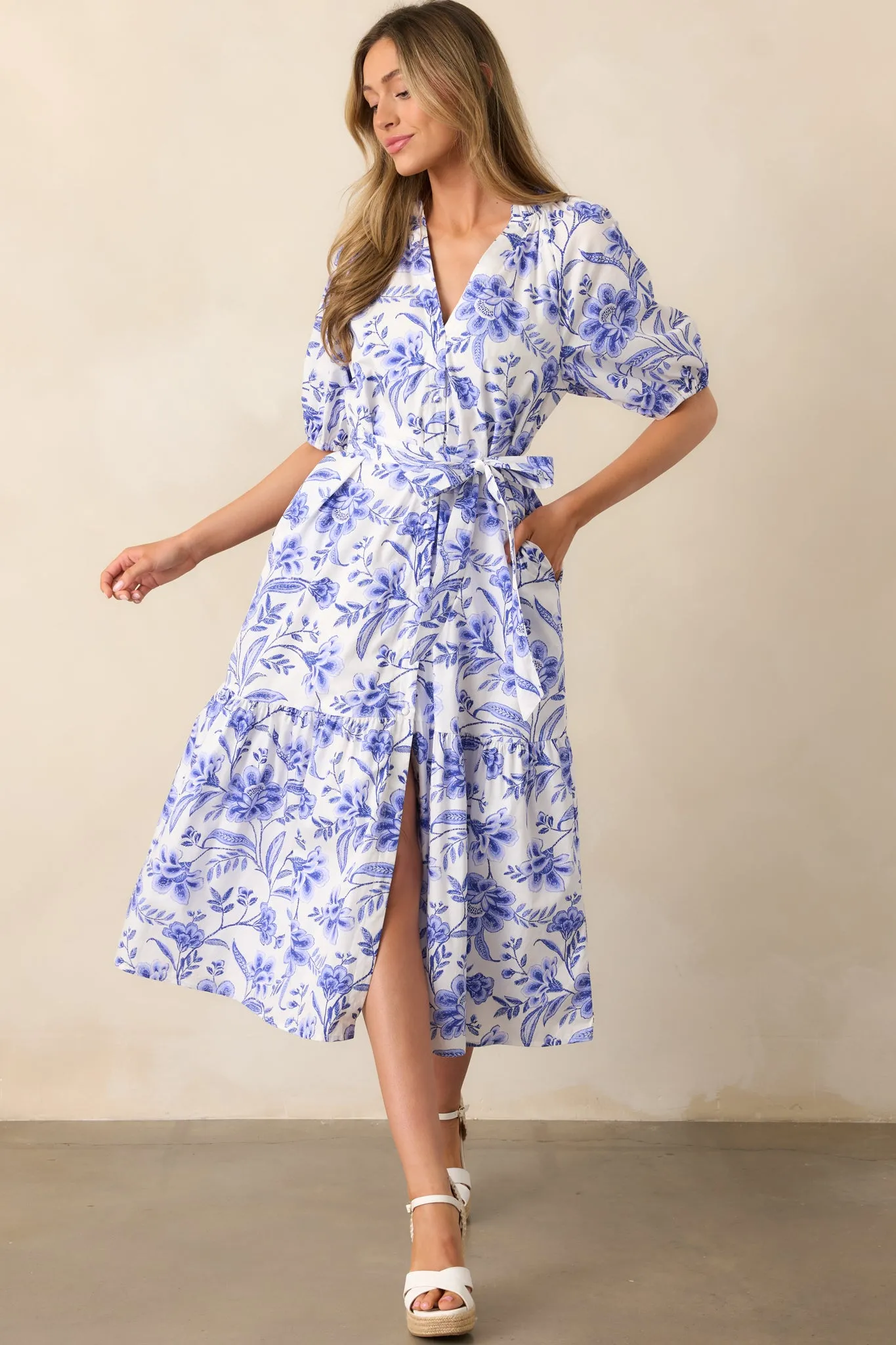 Bayside Breeze Cotton Blue Floral Midi Dress