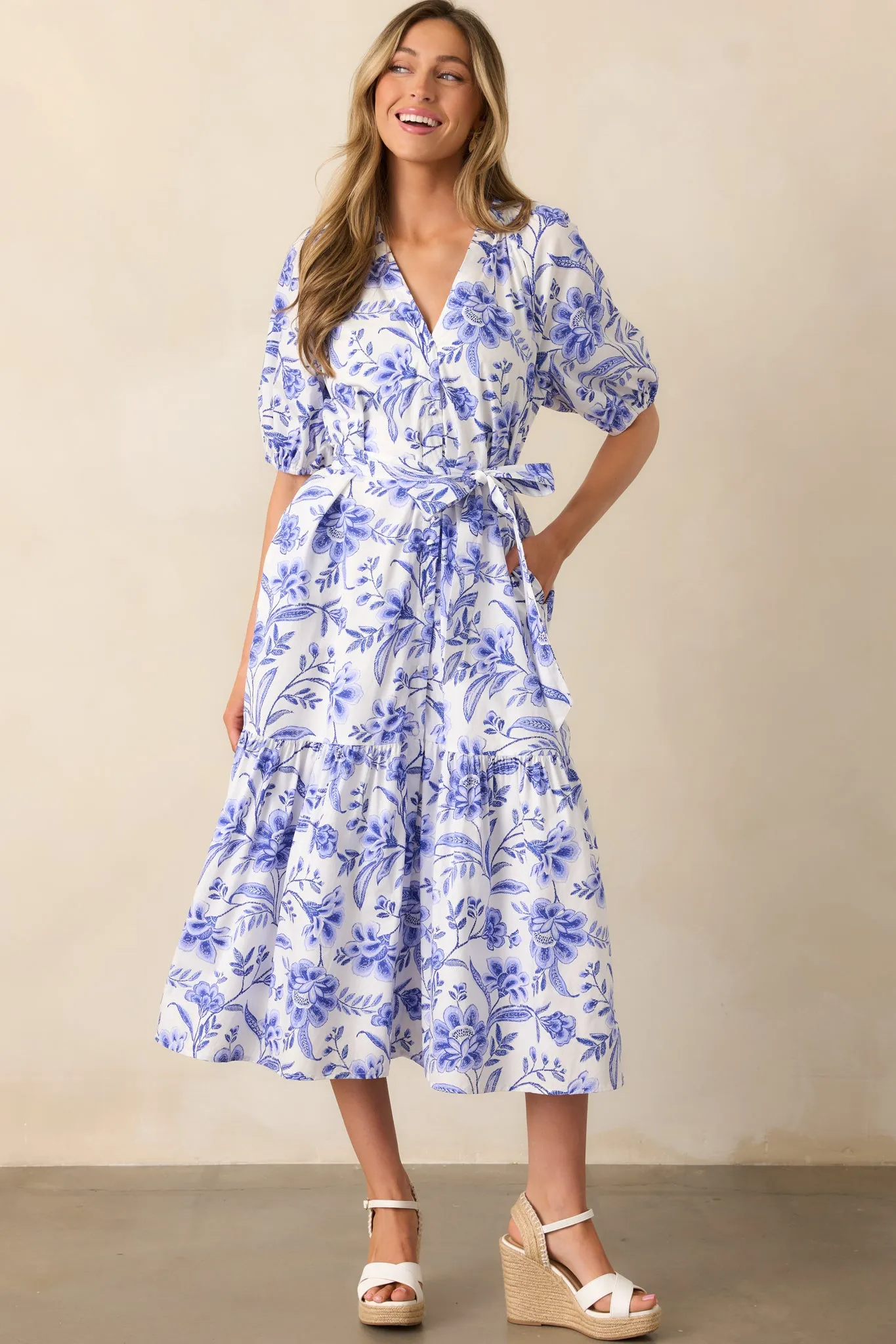 Bayside Breeze Cotton Blue Floral Midi Dress