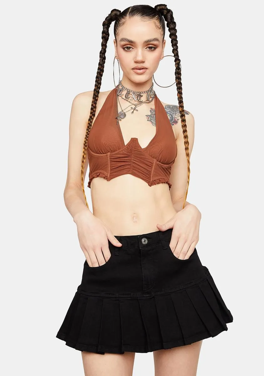 Black Denim Pleated Mini Skirt