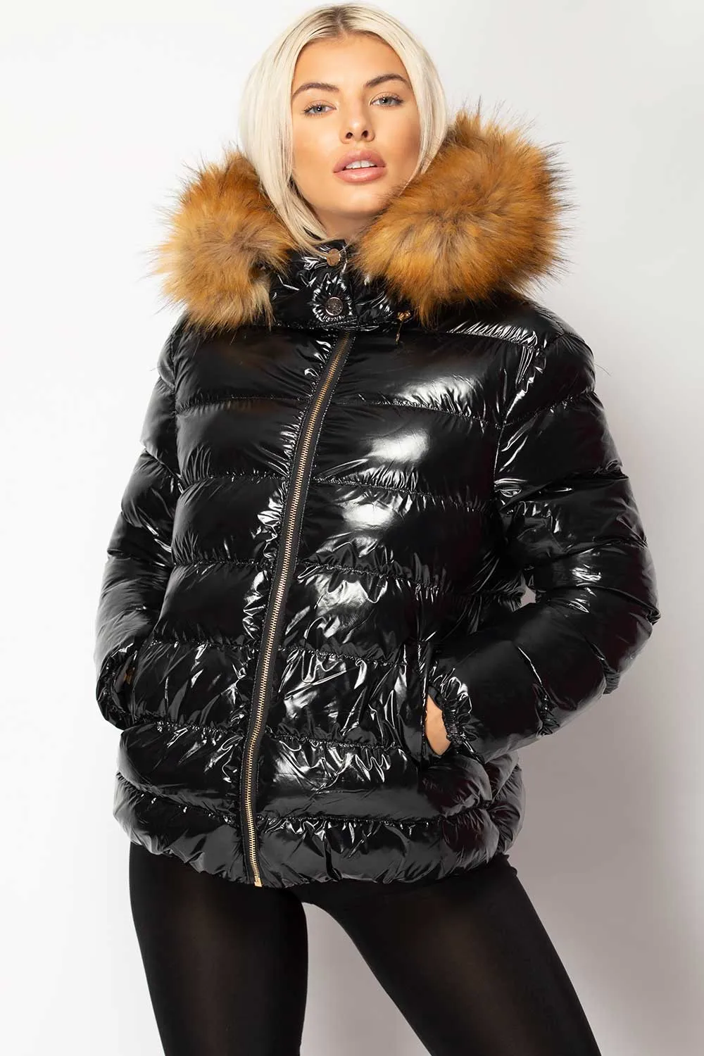 Black Shiny Puffer Jacket With Chunky Fur Hood