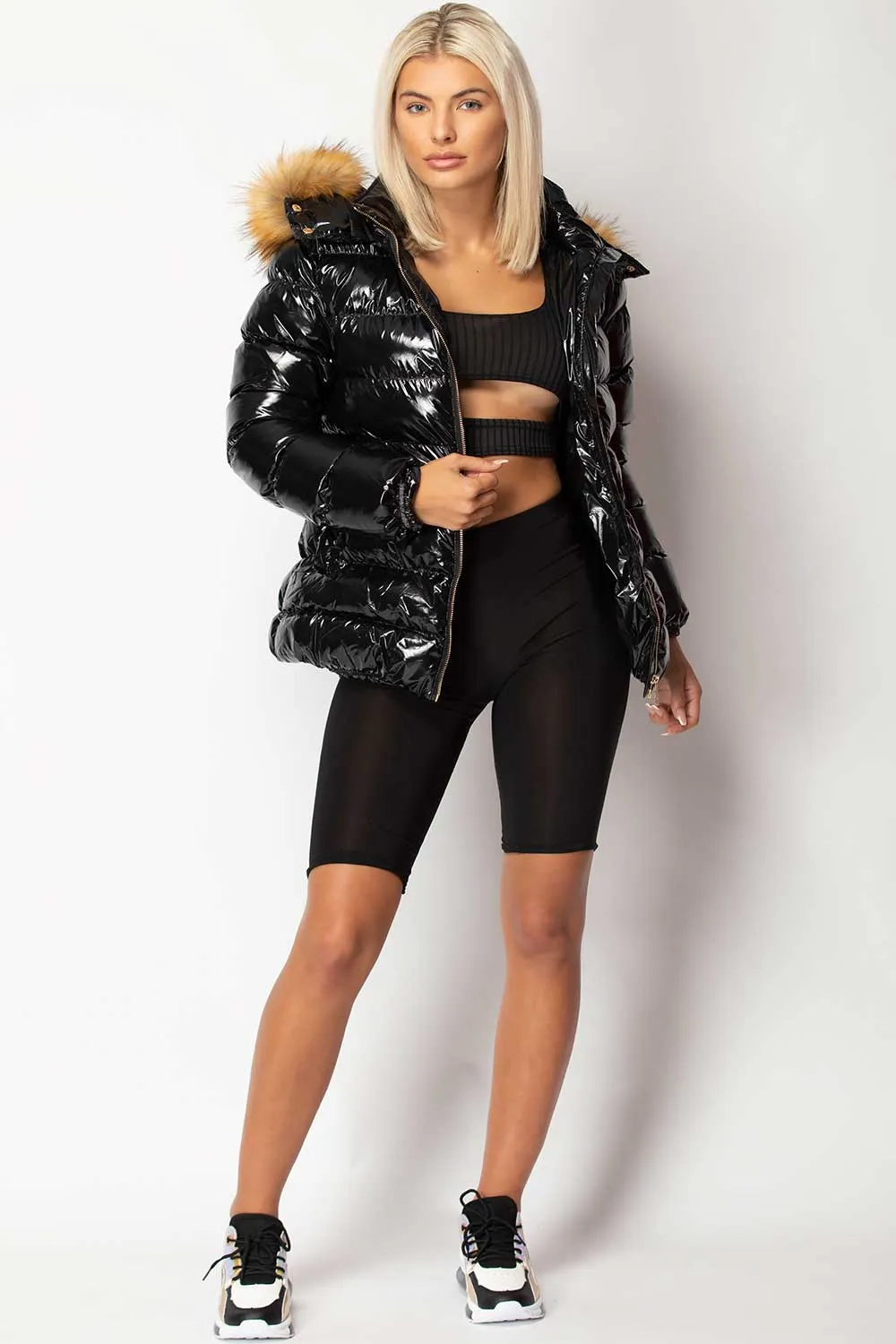 Black Shiny Puffer Jacket With Chunky Fur Hood