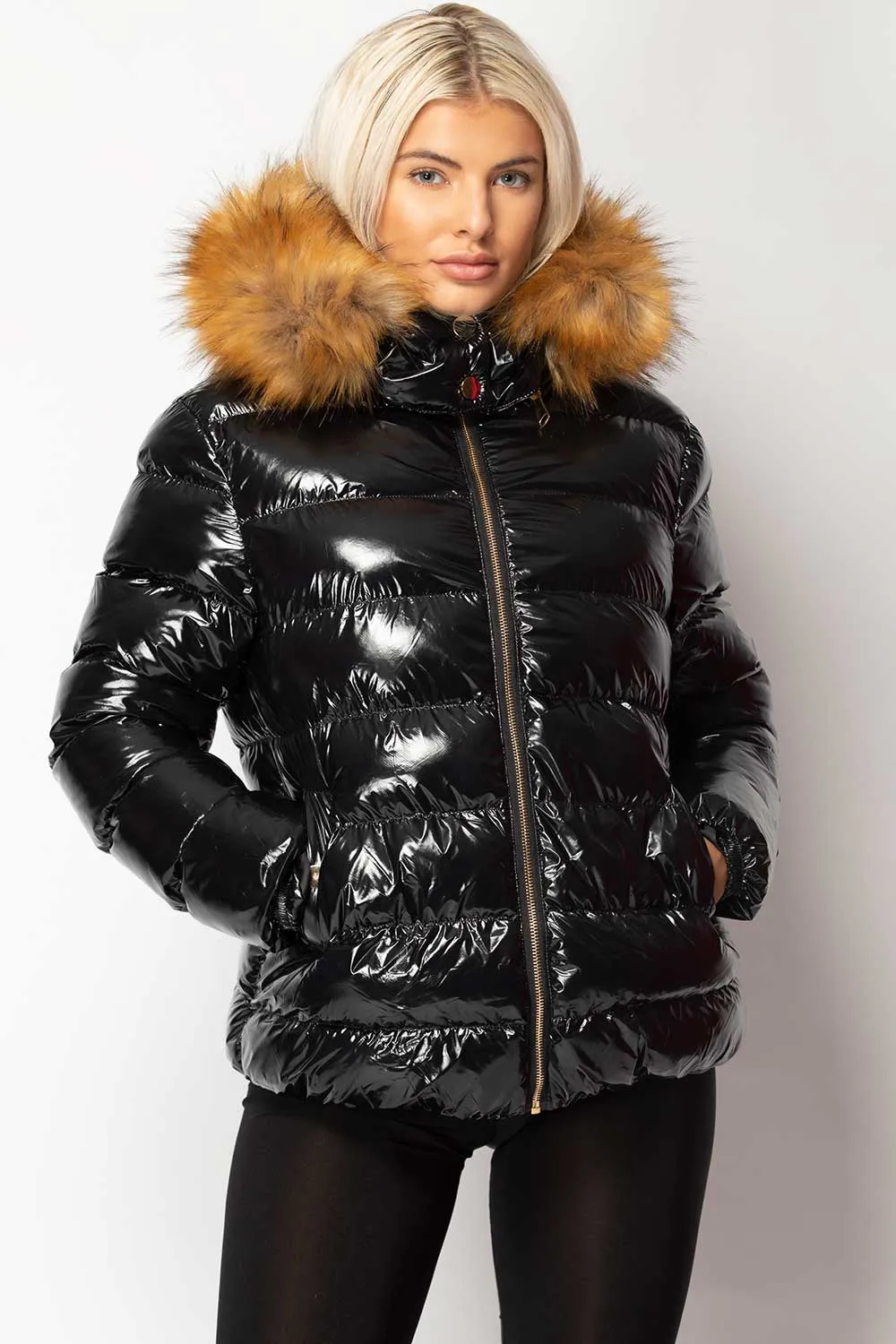 Black Shiny Puffer Jacket With Chunky Fur Hood