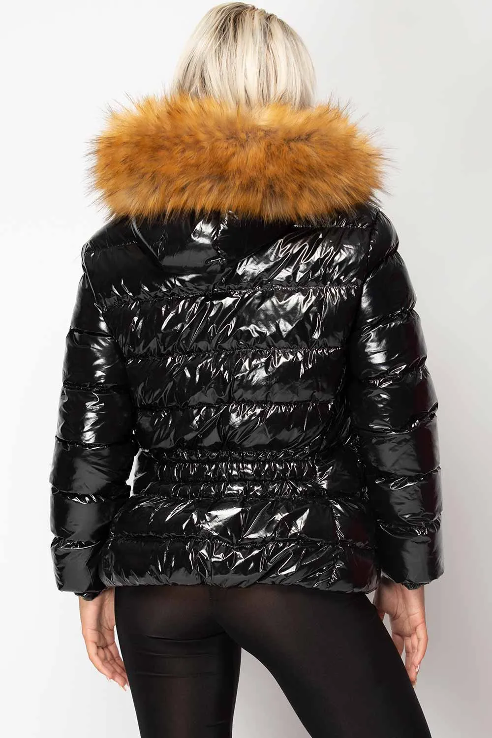 Black Shiny Puffer Jacket With Chunky Fur Hood