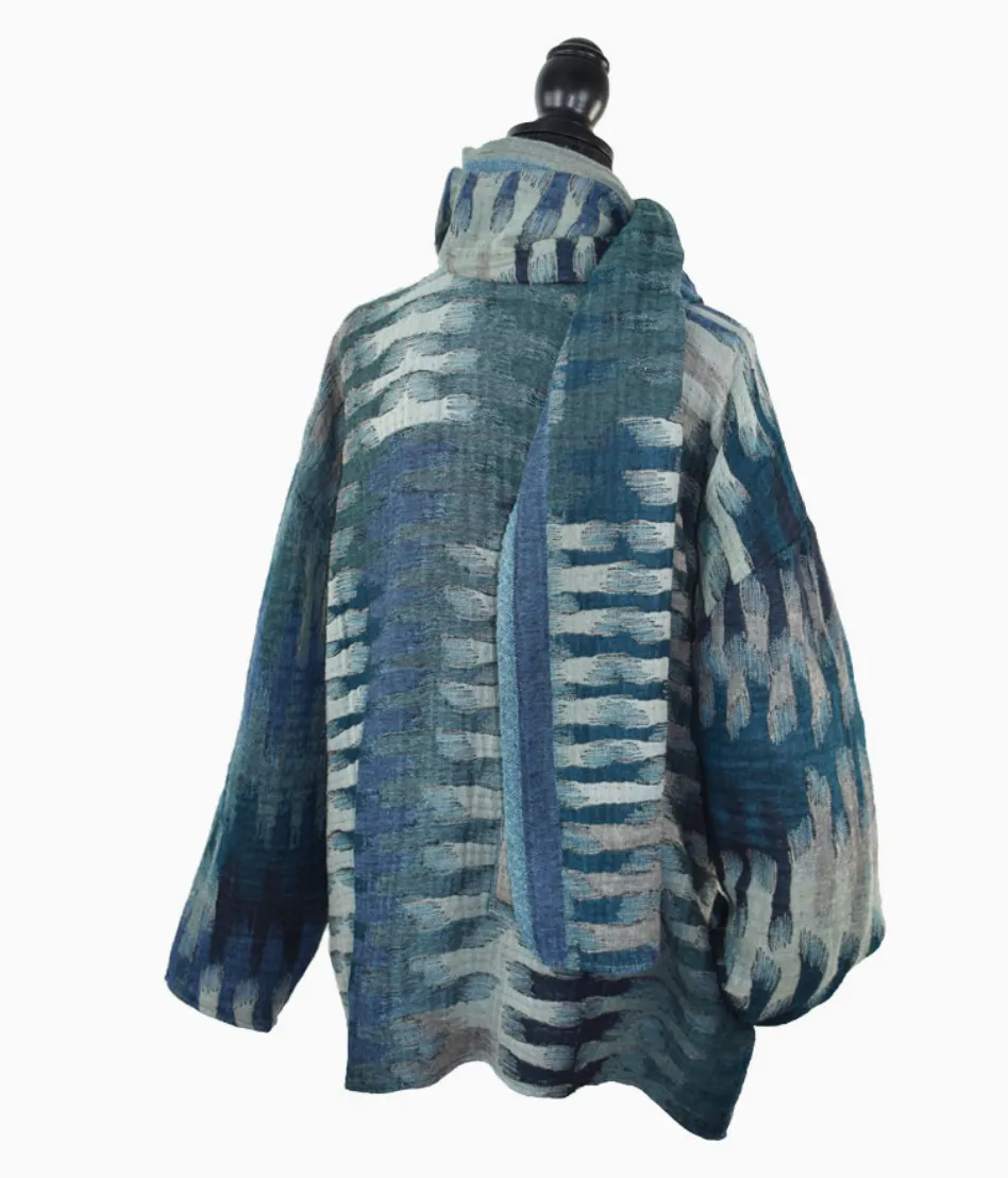 Blue Sweater Jacket Wrap Coat with Scarf
