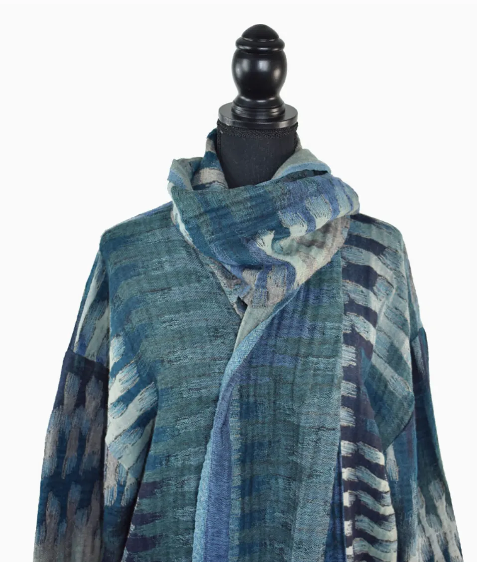 Blue Sweater Jacket Wrap Coat with Scarf