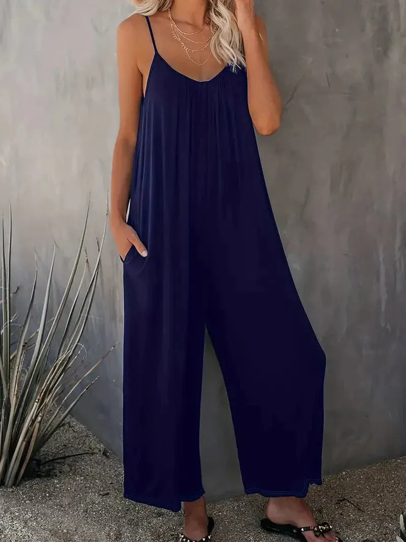 Bohemian Spaghetti Ruched Jumpsuit, Sleeveless Jumpsuit with Long Length Wide Legs, Women's Apparel