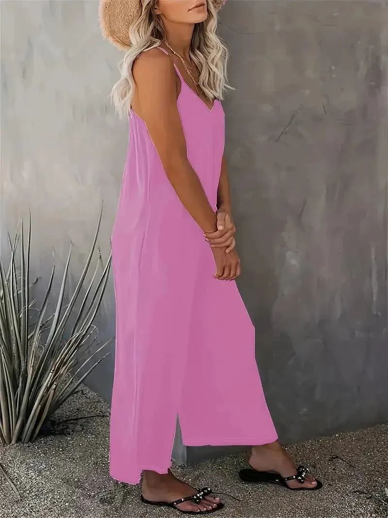Bohemian Spaghetti Ruched Jumpsuit, Sleeveless Jumpsuit with Long Length Wide Legs, Women's Apparel