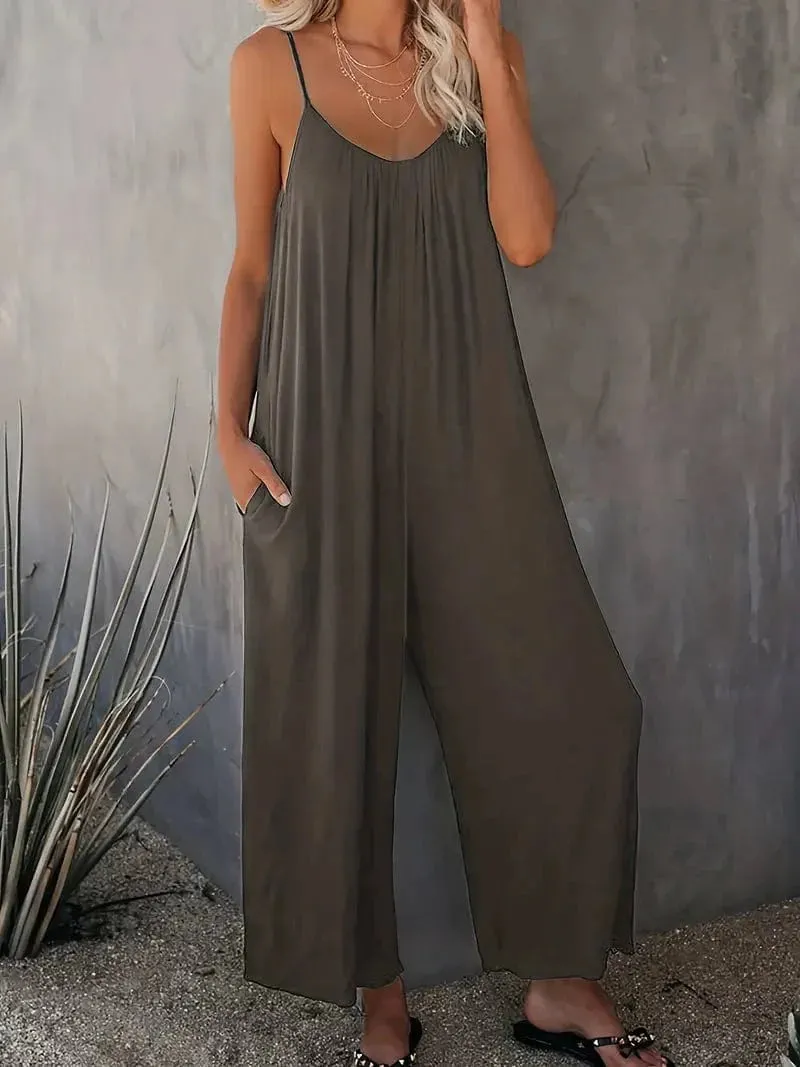 Bohemian Spaghetti Ruched Jumpsuit, Sleeveless Jumpsuit with Long Length Wide Legs, Women's Apparel