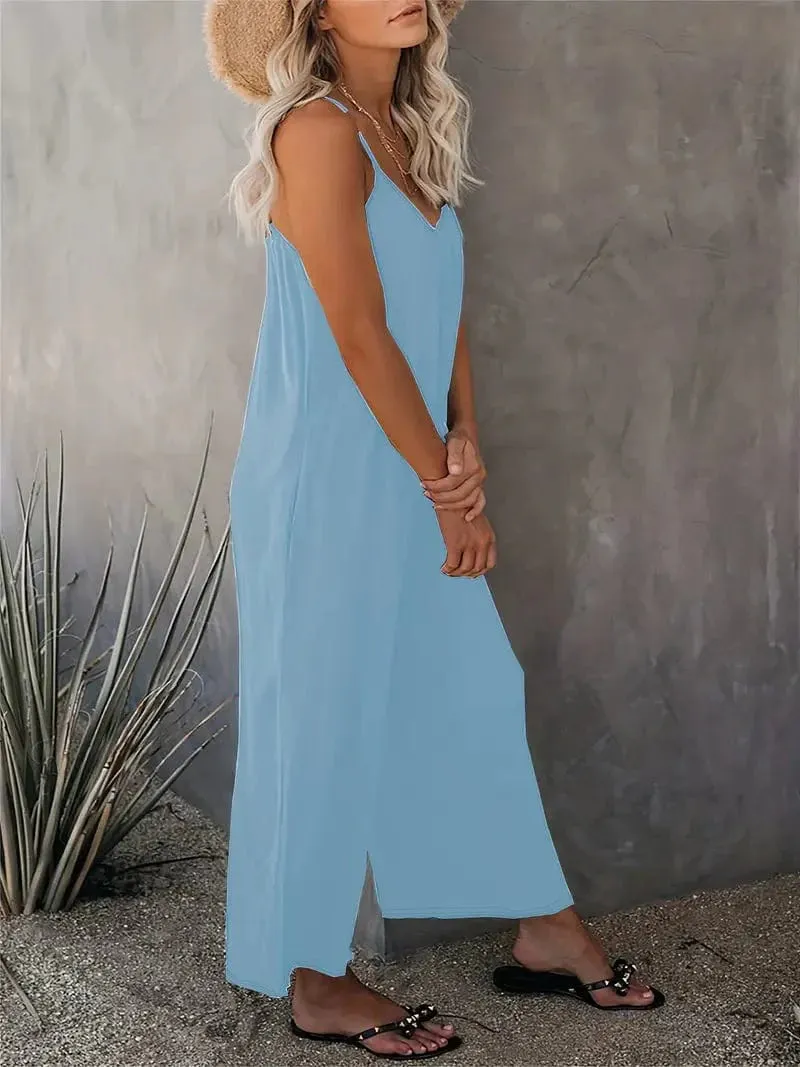 Bohemian Spaghetti Ruched Jumpsuit, Sleeveless Jumpsuit with Long Length Wide Legs, Women's Apparel