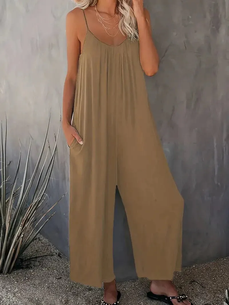 Bohemian Spaghetti Ruched Jumpsuit, Sleeveless Jumpsuit with Long Length Wide Legs, Women's Apparel
