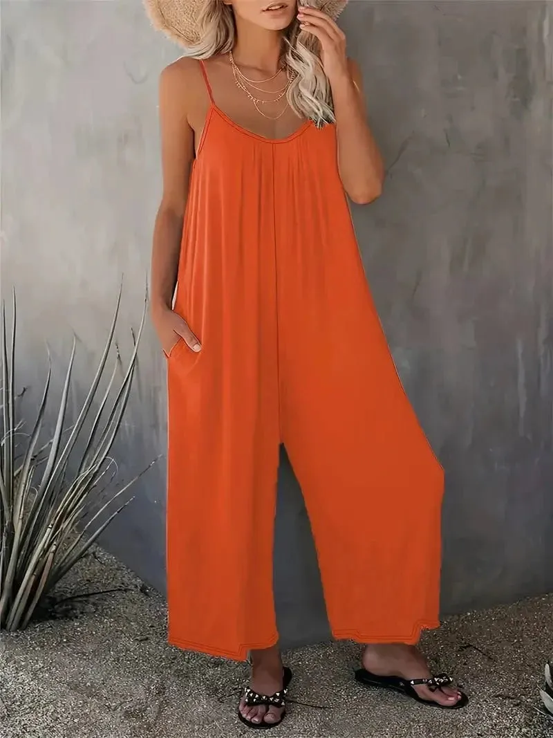 Bohemian Spaghetti Ruched Jumpsuit, Sleeveless Jumpsuit with Long Length Wide Legs, Women's Apparel