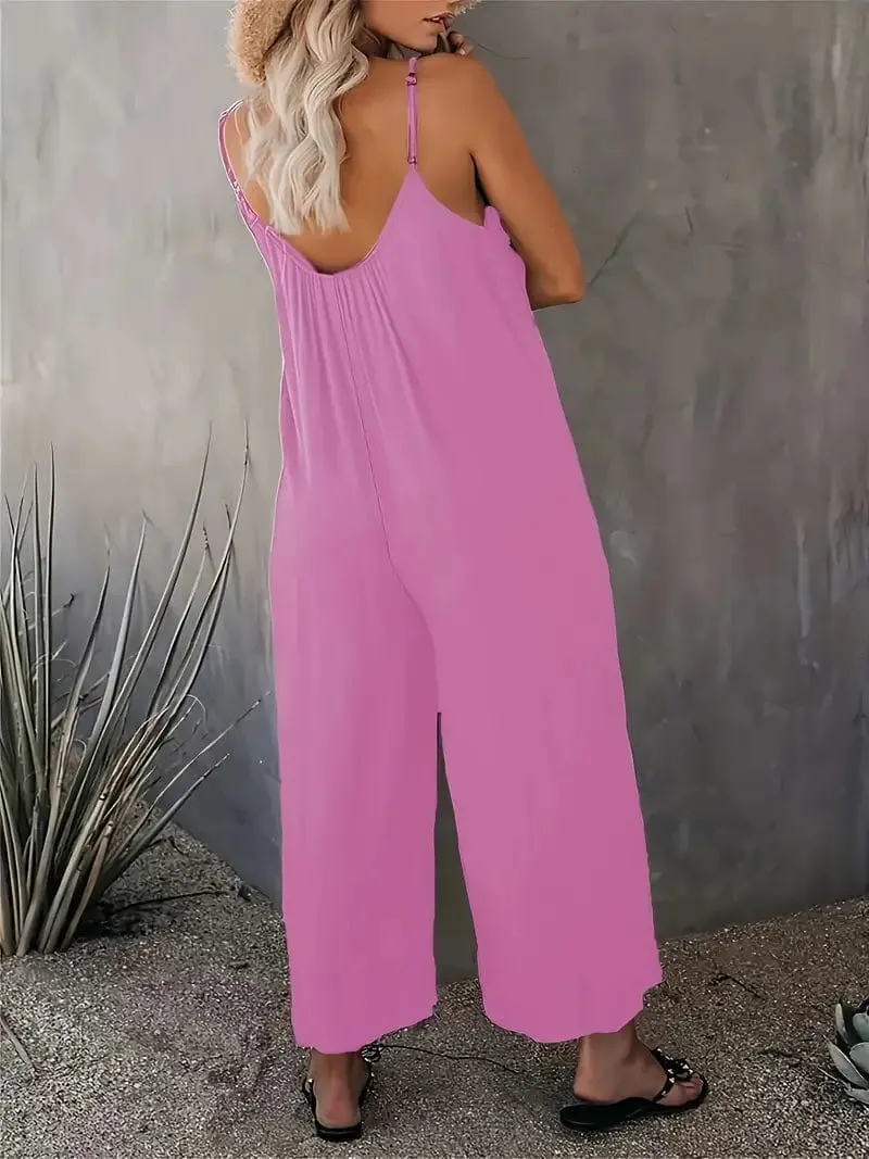 Bohemian Spaghetti Ruched Jumpsuit, Sleeveless Jumpsuit with Long Length Wide Legs, Women's Apparel