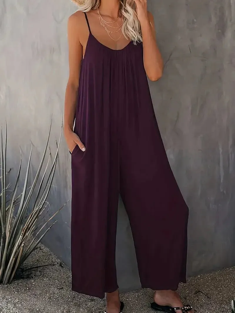 Bohemian Spaghetti Ruched Jumpsuit, Sleeveless Jumpsuit with Long Length Wide Legs, Women's Apparel