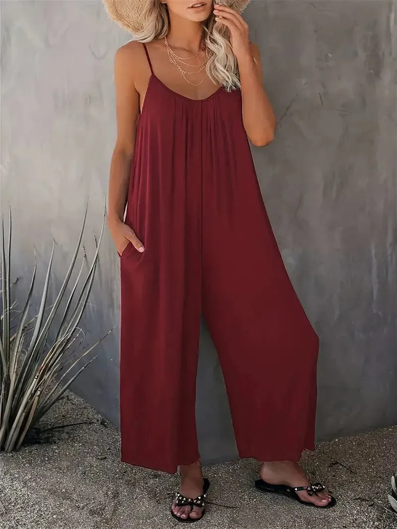 Bohemian Spaghetti Ruched Jumpsuit, Sleeveless Jumpsuit with Long Length Wide Legs, Women's Apparel