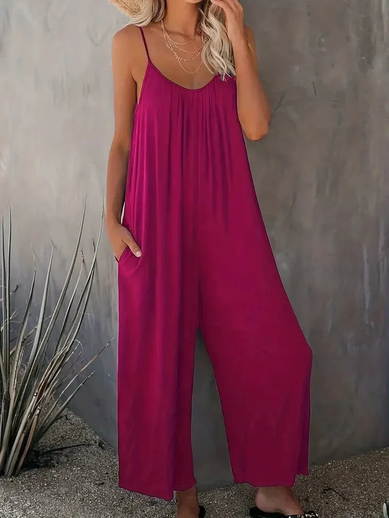Bohemian Spaghetti Ruched Jumpsuit, Sleeveless Jumpsuit with Long Length Wide Legs, Women's Apparel