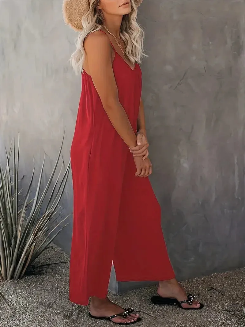 Bohemian Spaghetti Ruched Jumpsuit, Sleeveless Jumpsuit with Long Length Wide Legs, Women's Apparel
