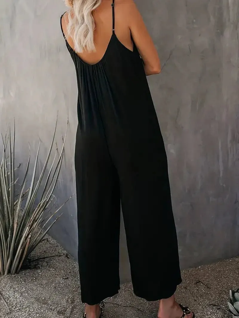 Bohemian Spaghetti Ruched Jumpsuit, Sleeveless Jumpsuit with Long Length Wide Legs, Women's Apparel