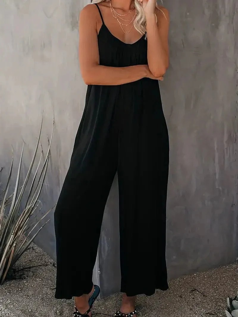 Bohemian Spaghetti Ruched Jumpsuit, Sleeveless Jumpsuit with Long Length Wide Legs, Women's Apparel