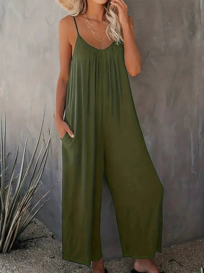 Bohemian Spaghetti Ruched Jumpsuit, Sleeveless Jumpsuit with Long Length Wide Legs, Women's Apparel