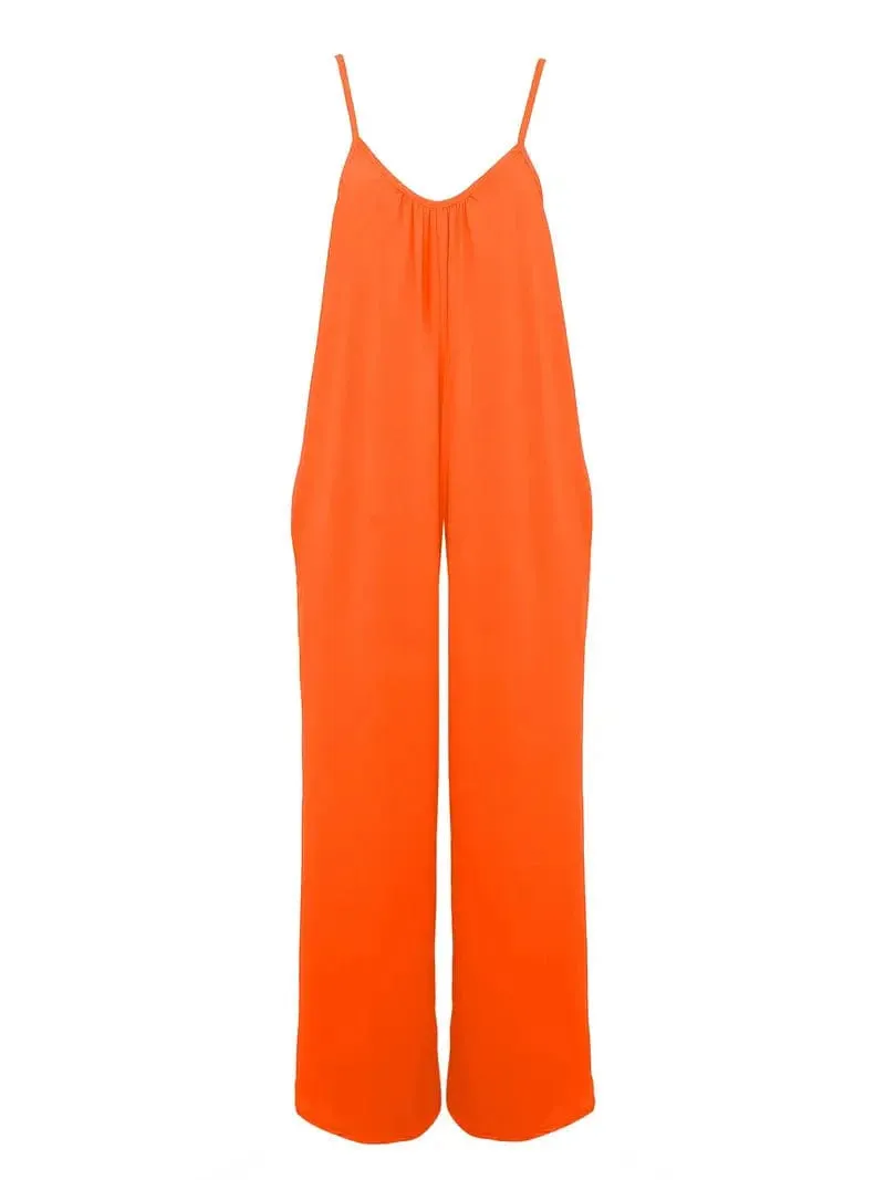 Bohemian Spaghetti Ruched Jumpsuit, Sleeveless Jumpsuit with Long Length Wide Legs, Women's Apparel