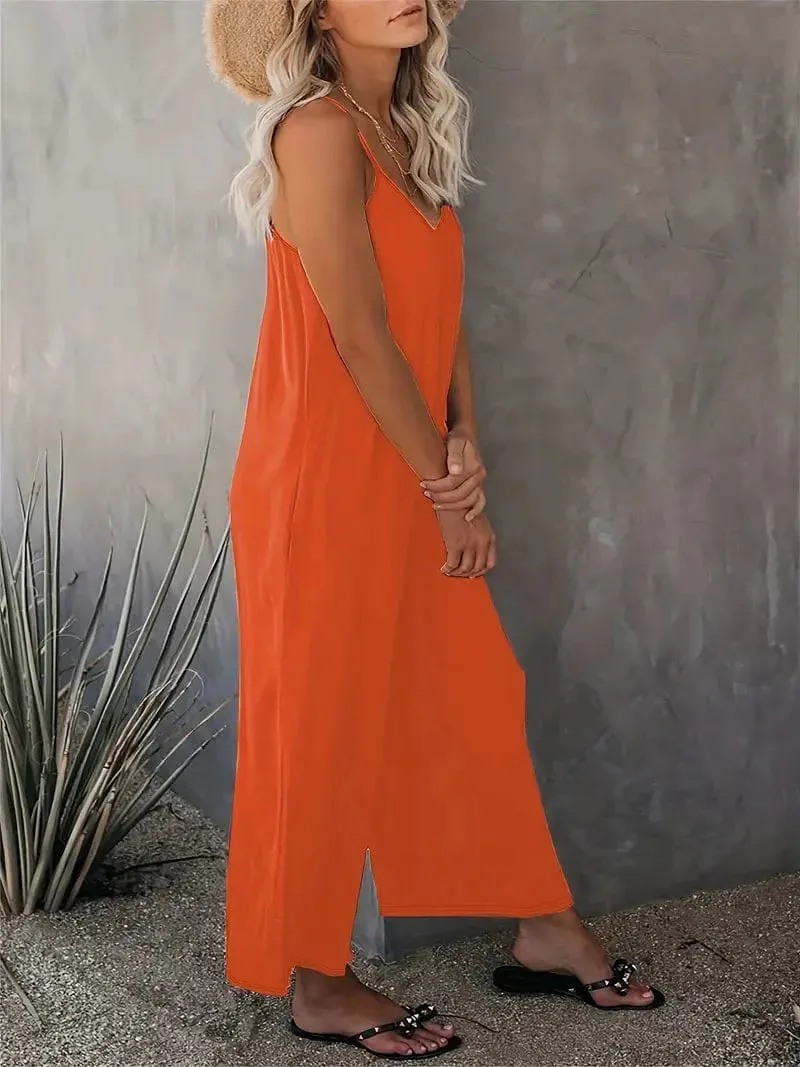 Bohemian Spaghetti Ruched Jumpsuit, Sleeveless Jumpsuit with Long Length Wide Legs, Women's Apparel