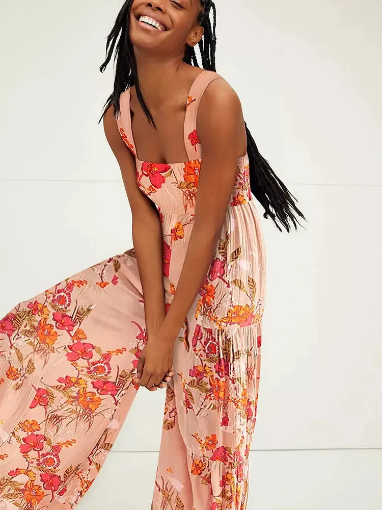 Boho Floral Print Wide Leg Jumpsuit - Effortless Summer Elegance