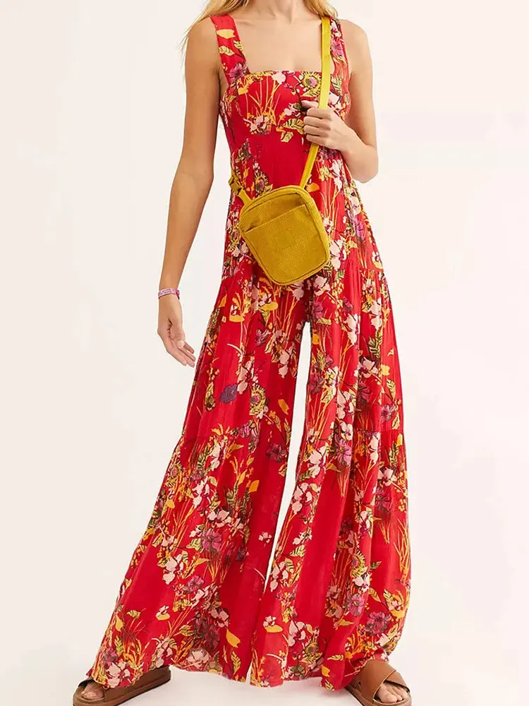 Boho Floral Print Wide Leg Jumpsuit - Effortless Summer Elegance
