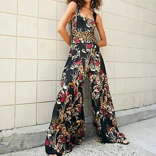 Boho Floral Print Wide Leg Jumpsuit - Effortless Summer Elegance