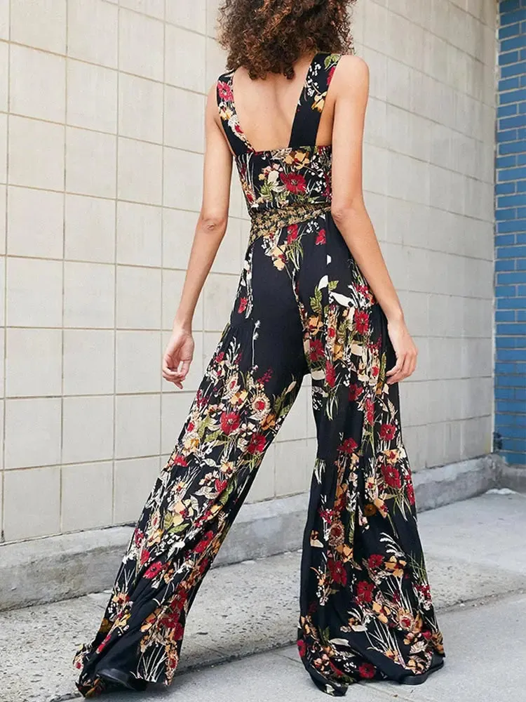Boho Floral Print Wide Leg Jumpsuit - Effortless Summer Elegance