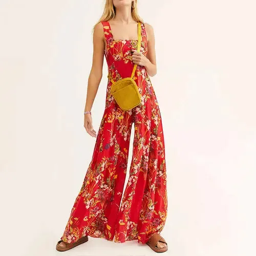 Boho Floral Print Wide Leg Jumpsuit - Effortless Summer Elegance