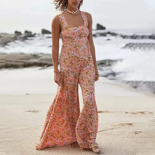 Boho Floral Print Wide Leg Jumpsuit - Effortless Summer Elegance