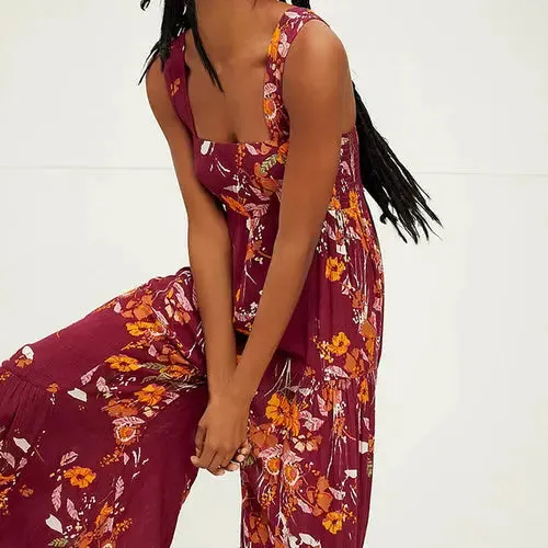 Boho Floral Print Wide Leg Jumpsuit - Effortless Summer Elegance