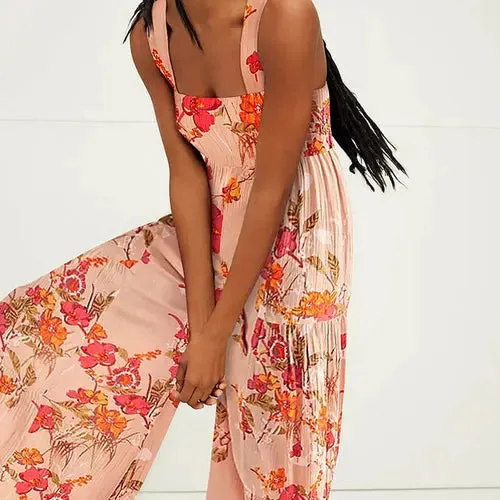 Boho Floral Print Wide Leg Jumpsuit - Effortless Summer Elegance
